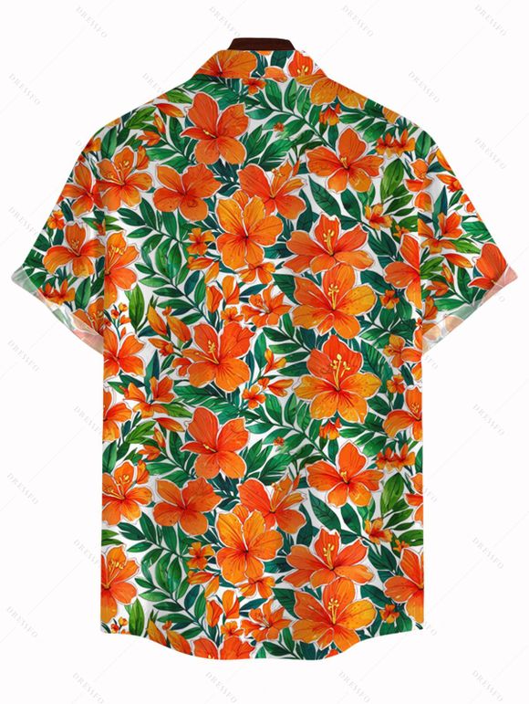 Hawaiian Vacation Couple Outfit Tropical Hibiscus Floral Leaf Print Pocket Off the Shoulder Romper and Shirt Set - Orange S | US 4