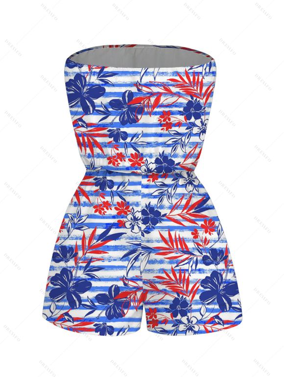 Hawaiian Vacation Couple Outfit Striped Hibiscus Floral Palm Leaf Print Pocket Off the Shoulder Romper and Shirt Set - Bleu S | US 4