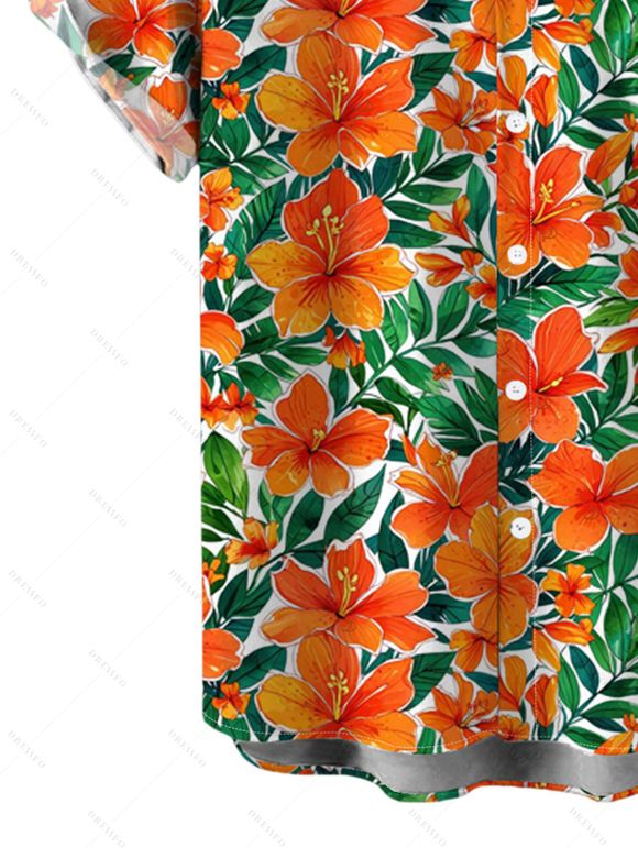 Hawaiian Vacation Couple Outfit Tropical Hibiscus Floral Leaf Print Pocket Off the Shoulder Romper and Shirt Set - Orange S | US 4