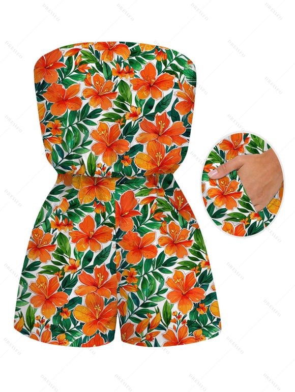 Hawaiian Vacation Couple Outfit Tropical Hibiscus Floral Leaf Print Pocket Off the Shoulder Romper and Shirt Set - Orange S | US 4