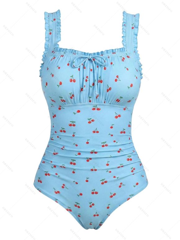 Vacation One-piece Swimsuit Cherry Print Ruffle Tied Ruched Beach Swimwear - Bleu clair XXL | US 14