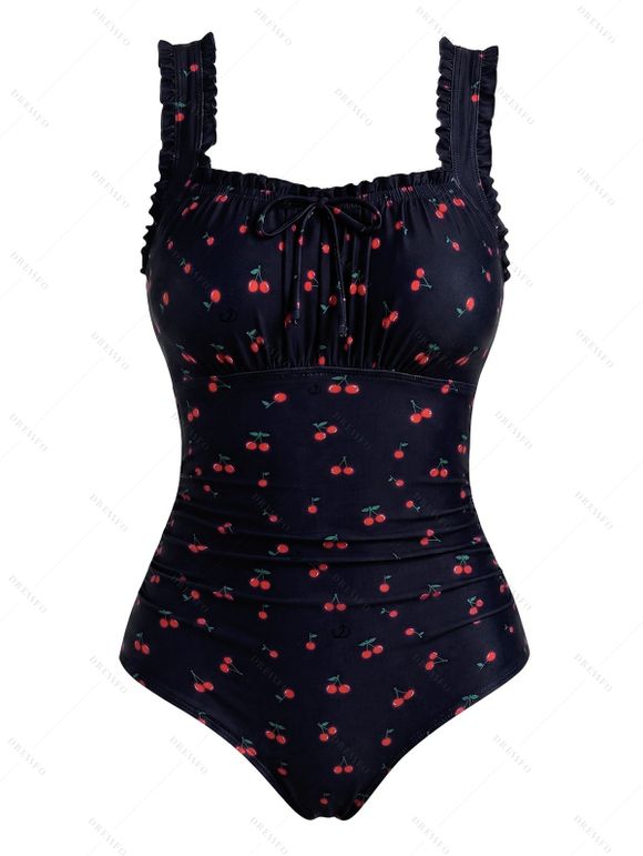 Vacation One-piece Swimsuit Cherry Print Ruffle Tied Ruched Beach Swimwear - Noir XXL | US 14