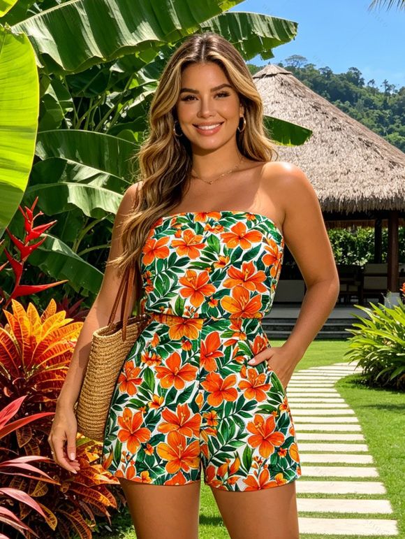 Hawaiian Vacation Couple Outfit Tropical Hibiscus Floral Leaf Print Pocket Off the Shoulder Romper and Shirt Set - Orange S | US 4
