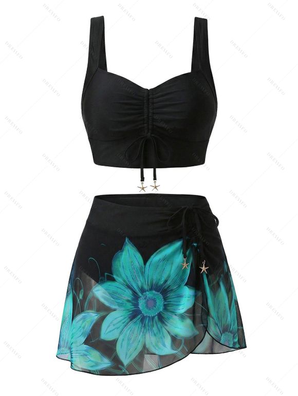 Beach Vacation Couple Outfit Sunflower Print Cinched Crossover Skirt 3pcs Swimsuit and Drawstring Shorts Set - BLACK S | US 4
