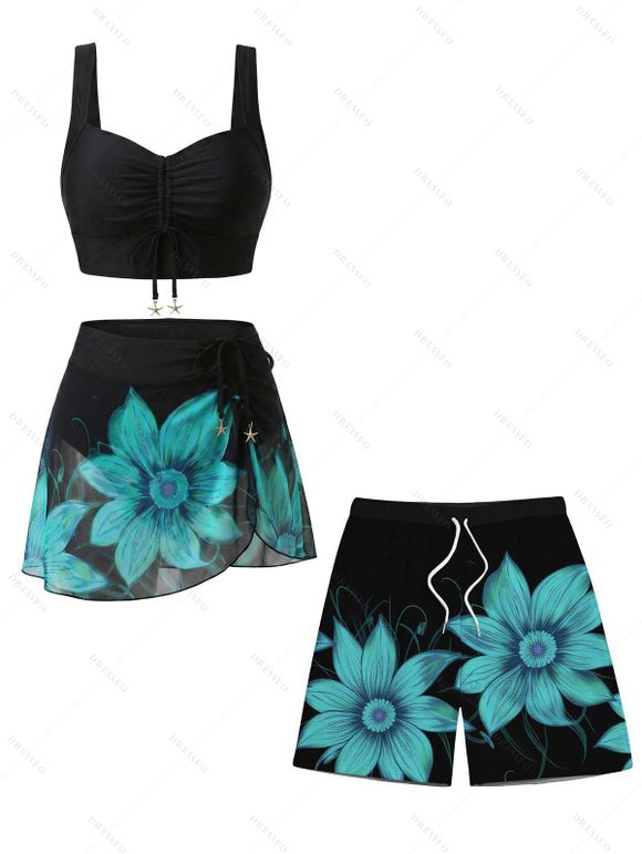 Beach Vacation Couple Outfit Sunflower Print Cinched Crossover Skirt 3pcs Swimsuit and Drawstring Shorts Set - BLACK S | US 4