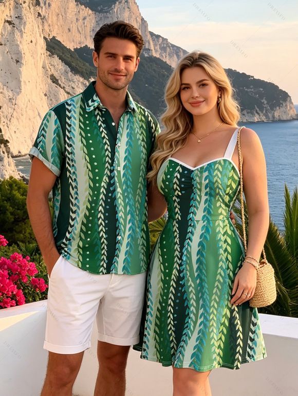 Hawaiian Vacation Couple Outfit Vertical Leaf Print Ruched Bust Mini Dress and Shirt Set - PLANT GREEN S | US 4