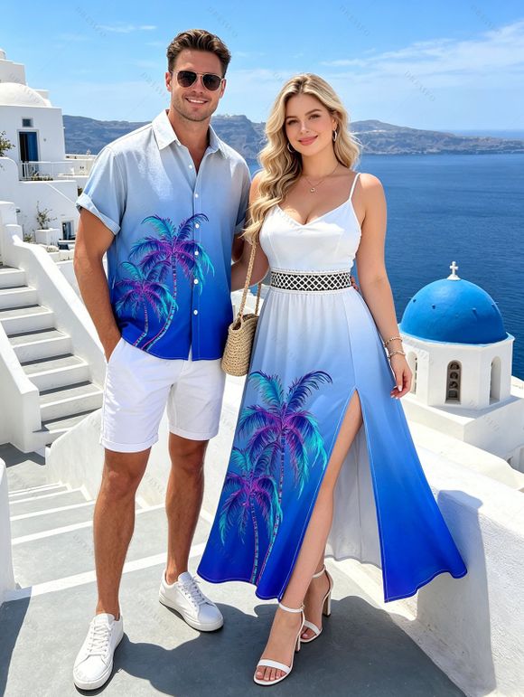 Hawaiian Vacation Couple Outfit Coconut Tree Print Ombre Lace Hollow Out Slit Dress and Shirt Set - BLUE S | US 4