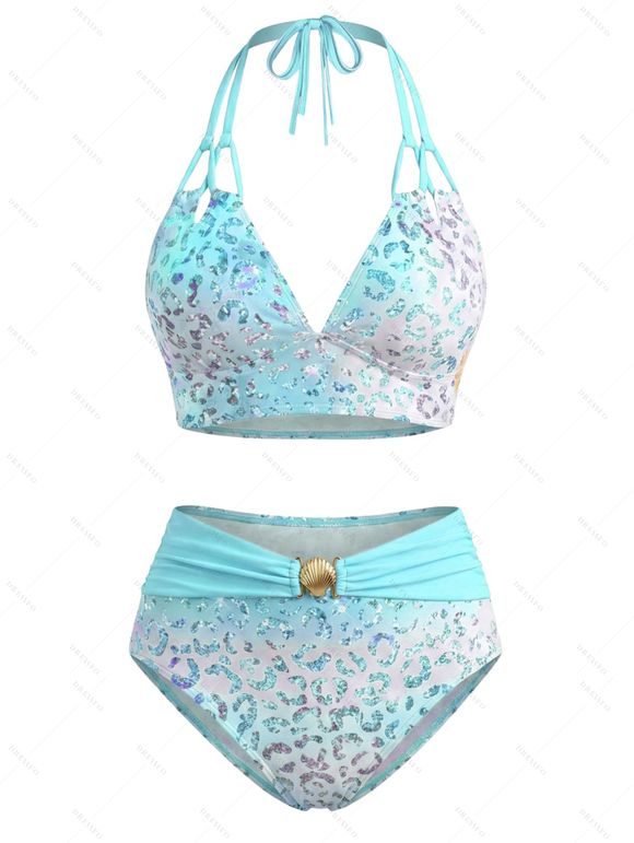 Beach Vacation Couple Outfit Ombre Sequined Leopard Print Ruched Halter Bikini Swimsuit and Shirt Set - BLUE S | US 4