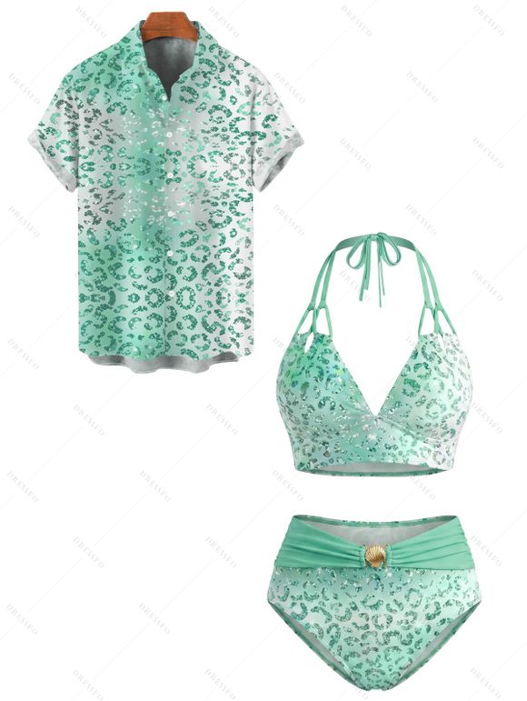 Beach Vacation Couple Outfit Ombre Sequined Leopard Print Ruched Halter Bikini Swimsuit and Shirt Set - Vert Menthe S | US 4