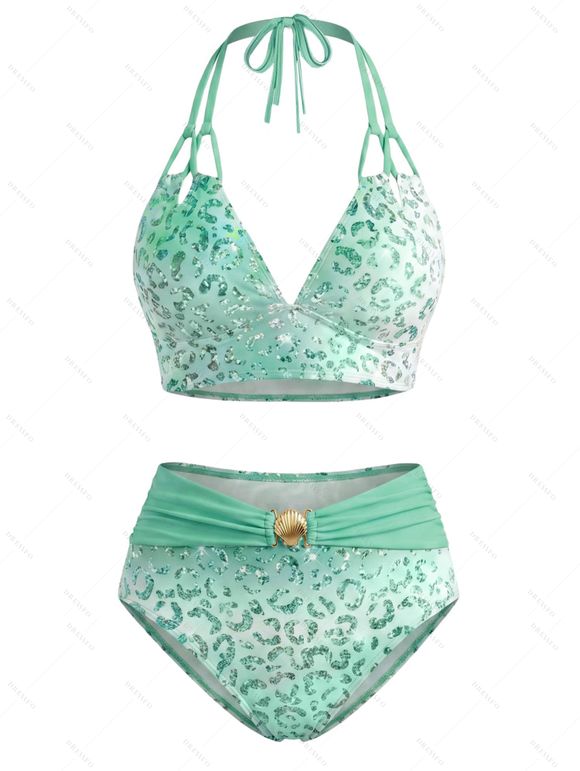 Beach Vacation Couple Outfit Ombre Sequined Leopard Print Ruched Halter Bikini Swimsuit and Shirt Set - Vert Menthe S | US 4