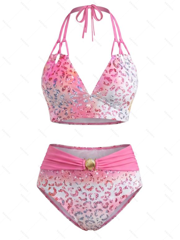 Beach Vacation Couple Outfit Ombre Sequined Leopard Print Ruched Halter Bikini Swimsuit and Shirt Set - HOT PINK S | US 4