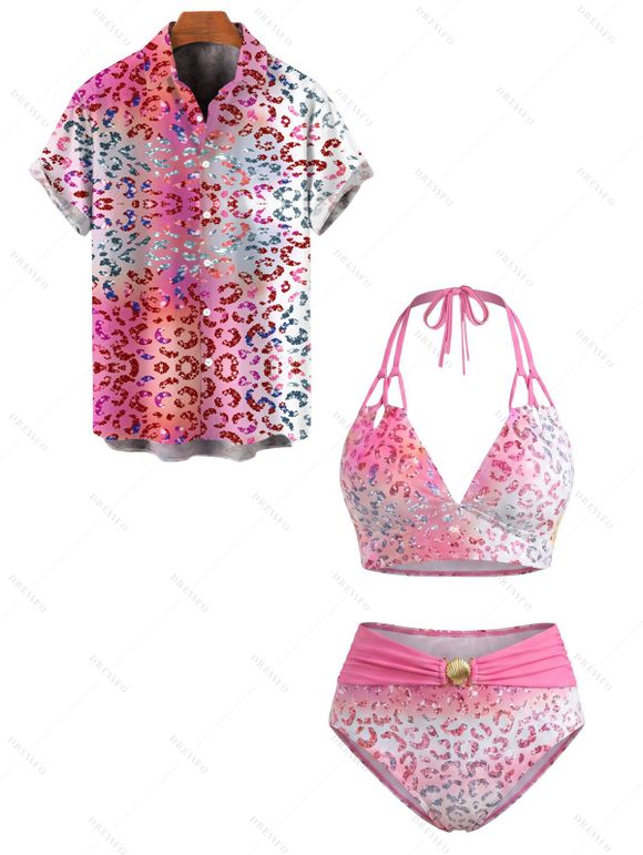 Beach Vacation Couple Outfit Ombre Sequined Leopard Print Ruched Halter Bikini Swimsuit and Shirt Set - HOT PINK S | US 4
