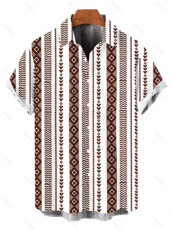 Casual Couple Outfit Geometric Ethnic Print Pocket Off the Shoulder Romper and Shirt Set - Brun S | US 4