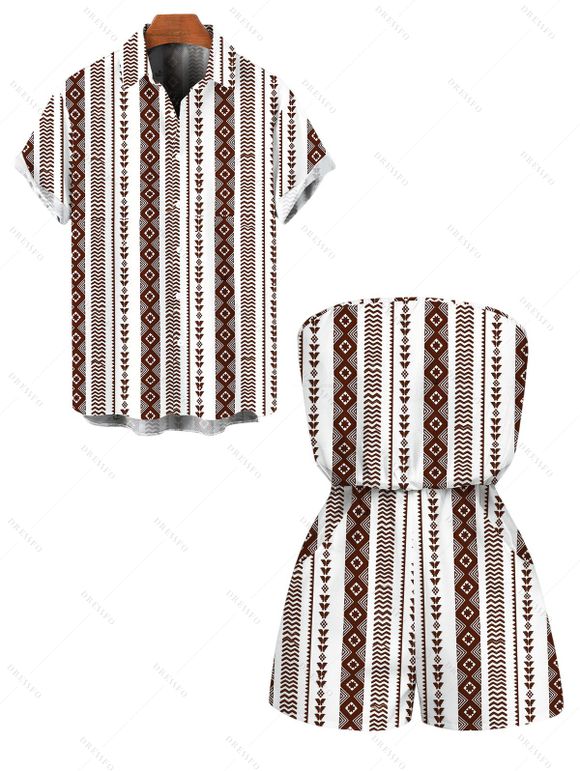 Casual Couple Outfit Geometric Ethnic Print Pocket Off the Shoulder Romper and Shirt Set - Brun S | US 4