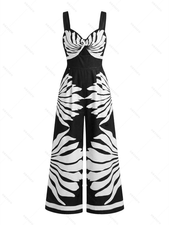 Vacation Couple Outfit Tropical Leaf Silhouette Print Twisted Wide Leg Jumpsuit and Shirt Set - Noir S | US 4