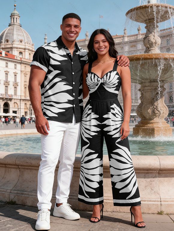 Vacation Couple Outfit Tropical Leaf Silhouette Print Twisted Wide Leg Jumpsuit and Shirt Set - Noir S | US 4