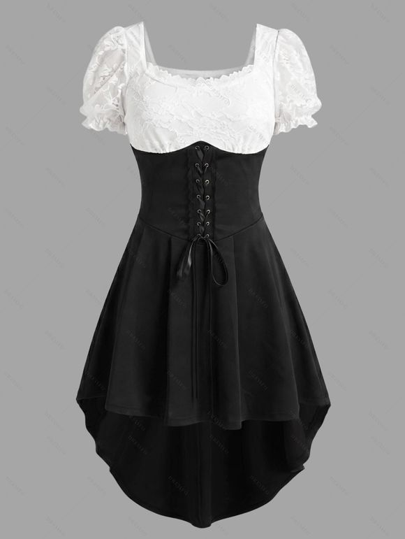 Vintage Dress Contrast Color Lace Panel Scalloped Lace Up Puff Sleeve High Low Dress - Noir M | US 6