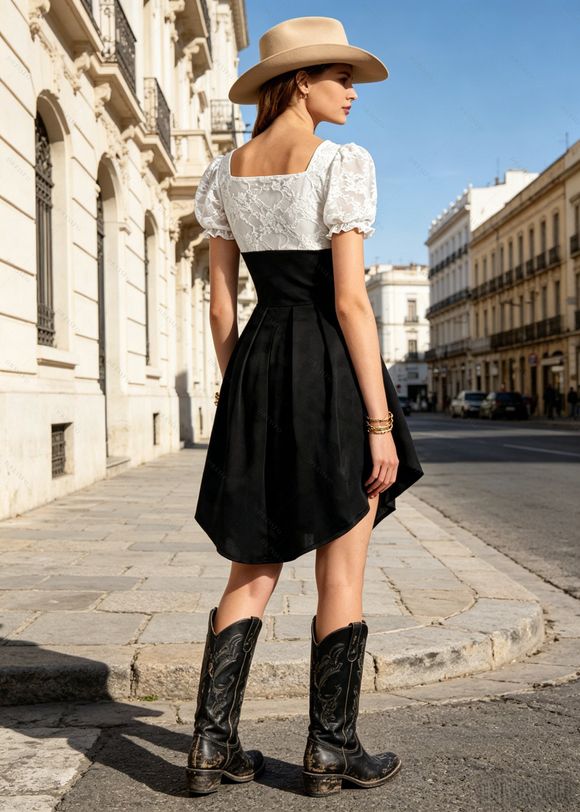 Vintage Dress Contrast Color Lace Panel Scalloped Lace Up Puff Sleeve High Low Dress - Noir M | US 6