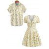 Hawaiian Vacation Couple Outfit Allover Ditsy Floral Print Tied Puff Sleeve V Neck Dress and Shirt Set - LIGHT YELLOW S | US 4