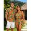 Hawaiian Vacation Couple Outfit Tropical Hibiscus Floral Leaf Print Pocket Off the Shoulder Romper and Shirt Set - Orange S | US 4