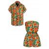 Hawaiian Vacation Couple Outfit Tropical Hibiscus Floral Leaf Print Pocket Off the Shoulder Romper and Shirt Set - Orange S | US 4