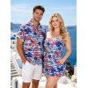 Hawaiian Vacation Couple Outfit Striped Hibiscus Floral Palm Leaf Print Pocket Off the Shoulder Romper and Shirt Set - Bleu S | US 4