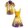 Hawaiian Vacation Couple Outfit Tropical Palm Leaf Print Ombre Ruched Bust Mini Dress and Shirt Set - Brun Doré S | US 4