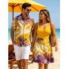 Hawaiian Vacation Couple Outfit Tropical Palm Leaf Print Ombre Ruched Bust Mini Dress and Shirt Set - Brun Doré S | US 4