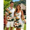 Hawaiian Couple Outfit Hibiscus Floral Tropical Leaf Print Ruched Bust Dress and Shirt Set - Blanc S | US 4