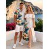 Hawaiian Vacation Couple Outfit Hibiscus Floral Tropical Leaf Print Flounce Off the Shoulder Smocked Slit Dress and Shirt Set - Blanc S | US 4