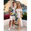 Hawaiian Vacation Couple Outfit Hibiscus Floral Tropical Leaf Print Flounce Off the Shoulder Smocked Slit Dress and Shirt Set - Blanc S | US 4