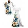 Hawaiian Vacation Couple Outfit Hibiscus Floral Tropical Leaf Print Flounce Off the Shoulder Smocked Slit Dress and Shirt Set - Blanc S | US 4