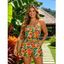 Hawaiian Vacation Romper Watercolor Tropical Hibiscus Floral Leaf Print Pocket Off the Shoulder Romper - Orange S | US 4