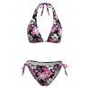 Vacation Bikini Swimsuit Bicolor Tropical Hibiscus Floral Print Tied High Cut Briefs Halter Swimwear Set - BLACK L | US 8-10