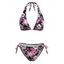 Vacation Bikini Swimsuit Bicolor Tropical Hibiscus Floral Print Tied High Cut Briefs Halter Swimwear Set - BLACK L | US 8-10