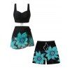 Beach Vacation Couple Outfit Sunflower Print Cinched Crossover Skirt 3pcs Swimsuit and Drawstring Shorts Set - BLACK S | US 4