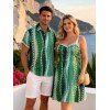 Hawaiian Vacation Couple Outfit Vertical Leaf Print Ruched Bust Mini Dress and Shirt Set - PLANT GREEN S | US 4