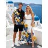 Hawaiian Couple Outfit Colorblock Hibiscus Floral Tropical Leaf Print Lace Hollow Out Slit Dress and Shirt Set - BLACK S | US 4