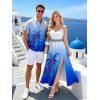 Hawaiian Vacation Couple Outfit Coconut Tree Print Ombre Lace Hollow Out Slit Dress and Shirt Set - BLUE S | US 4