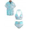 Beach Vacation Couple Outfit Ombre Sequined Leopard Print Ruched Halter Bikini Swimsuit and Shirt Set - BLUE S | US 4