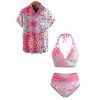 Beach Vacation Couple Outfit Ombre Sequined Leopard Print Ruched Halter Bikini Swimsuit and Shirt Set - HOT PINK S | US 4