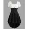 Vintage Dress Contrast Color Lace Panel Scalloped Lace Up Puff Sleeve High Low Dress - Noir S | US 4