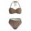 Beach Vacation Bikini Swimsuit Leopard Print Irregular Metal Decor High Cut Briefs Halter Swimwear Set - Bronze XXL | US 14