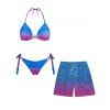 Beach Vacation Couple Outfit Ombre Leopard Print Starfish Decor Tied High Cut Briefs Halter Bikini Swimsuit and Drawstring Shorts Set - Rose Vif S | US 4