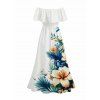 Hawaiian Vacation Dress Hibiscus Floral Tropical Leaf Print Flounce Off the Shoulder Smocked Slit Dress - Blanc XXL | US 14