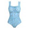Vacation One-piece Swimsuit Cherry Print Ruffle Tied Ruched Beach Swimwear - Bleu clair XXL | US 14