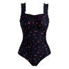 Vacation One-piece Swimsuit Cherry Print Ruffle Tied Ruched Beach Swimwear - Noir XXL | US 14