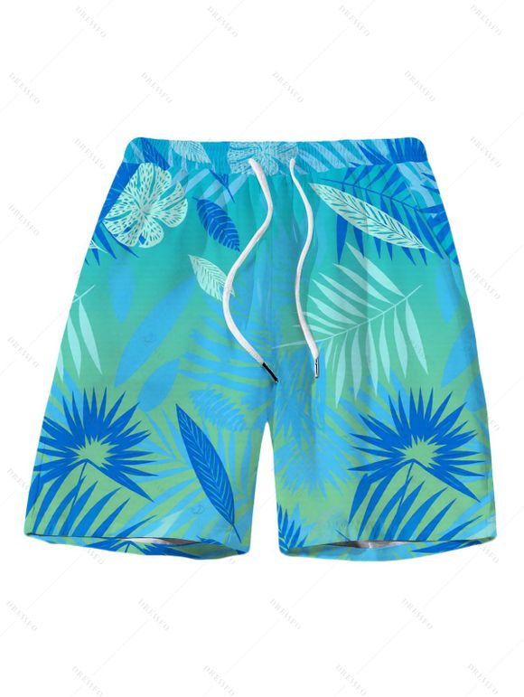 Men's Vacation Beach Shorts Ombre Tropical Palm Leaf Print Pocket Drawstring Board Shorts - Bleu Toile de Jean 5XL