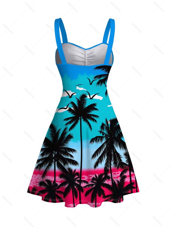 Beach Vacation Dress Ombre Tropical Coconut Tree Seagull Print Ruched Bust Mini Dress - Bleu Toile de Jean XXXXXL | US 20
