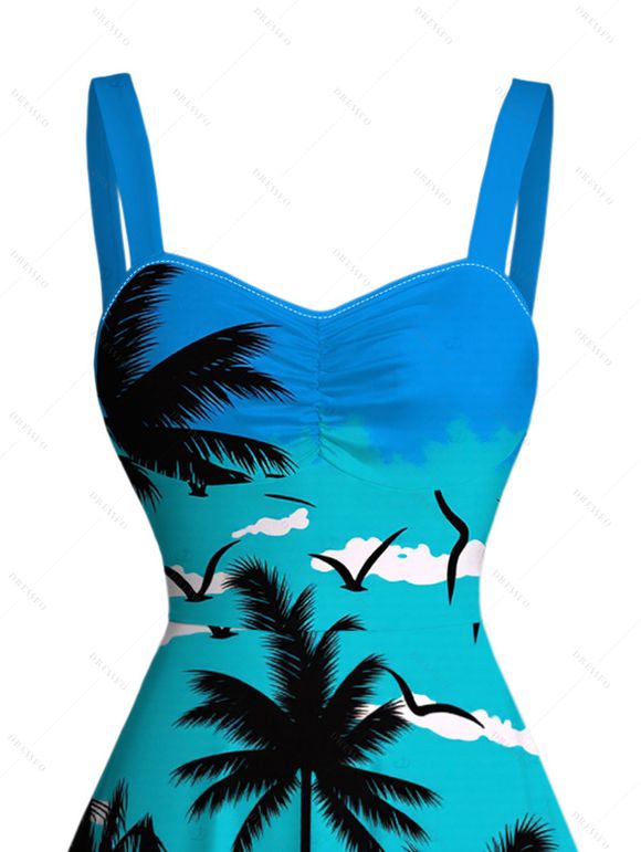 Beach Vacation Dress Ombre Tropical Coconut Tree Seagull Print Ruched Bust Mini Dress - Bleu Toile de Jean XXXXXL | US 20